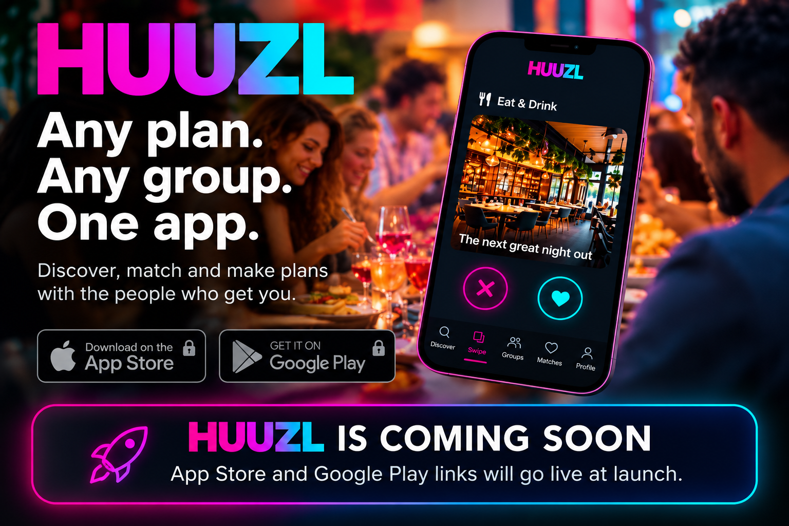 HUUZL app preview — coming soon to the App Store and Google Play