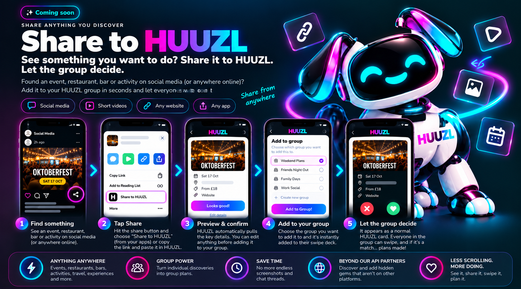 Share to HUUZL coming soon: share something you discover online to your HUUZL group and turn it into a card for everyone to swipe on